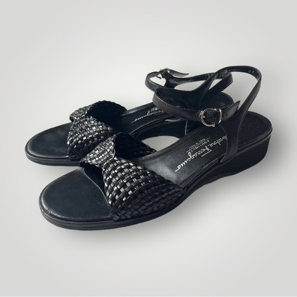 Ferragamo Classic Slingback Sandals Woven Leather Top Black Leather Shoes 8B - Picture 3 of 14